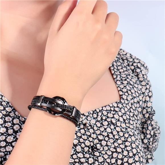 Circle Rhinestone Leather Wrap Bracelet Boho Gift for Women - Picture 1 of 7